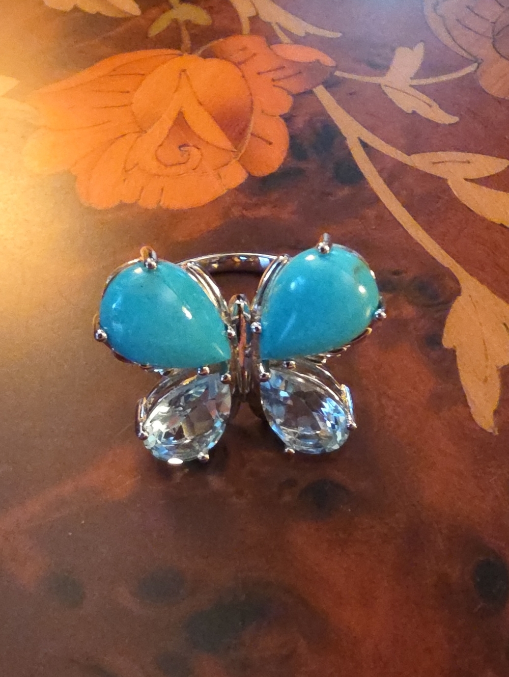 JTV Turquoise & Glacier Topaz(TM) Rhodium Over Silver Butterfly Ring SZ 10